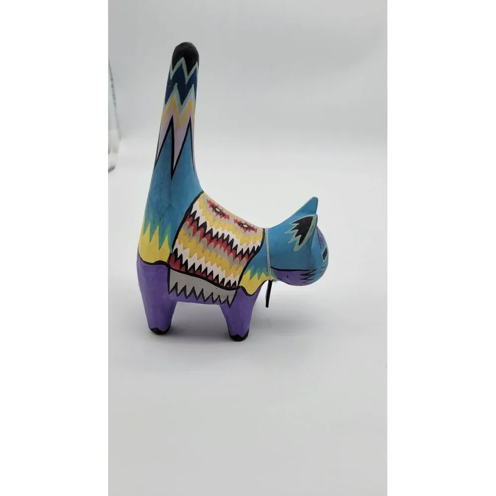 Hand Painted Wood‎ Cat Mexican Folk Art with fish necklace  Gato